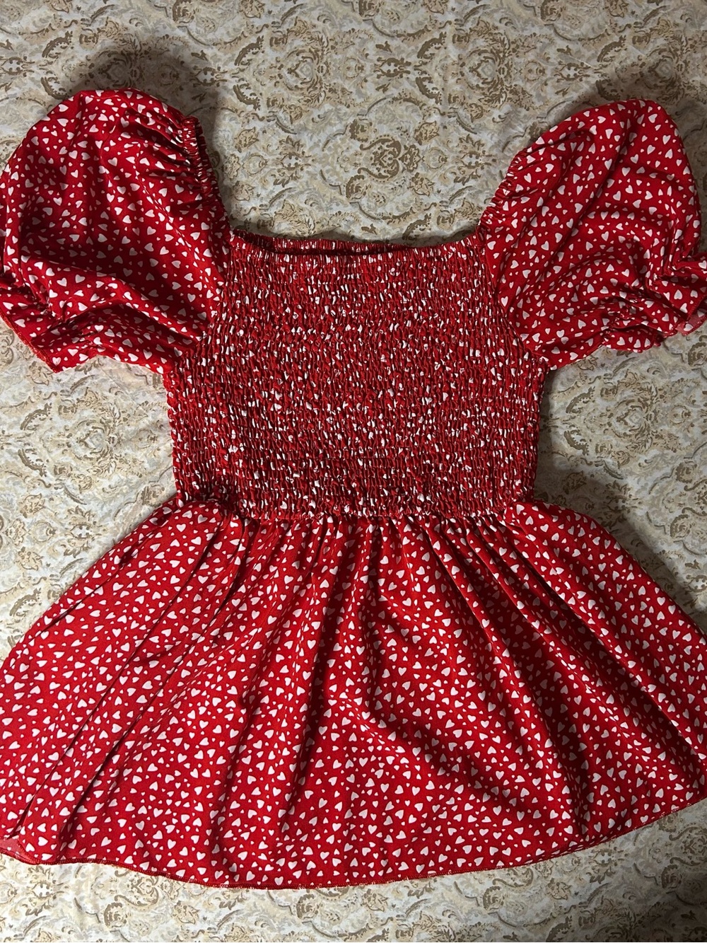 Red Puff Sleeve Peplum Top with White Heart Print